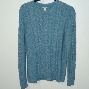 LL Bean Cable Knit Sweater Marled Teal 100% Cotton Women's Size L